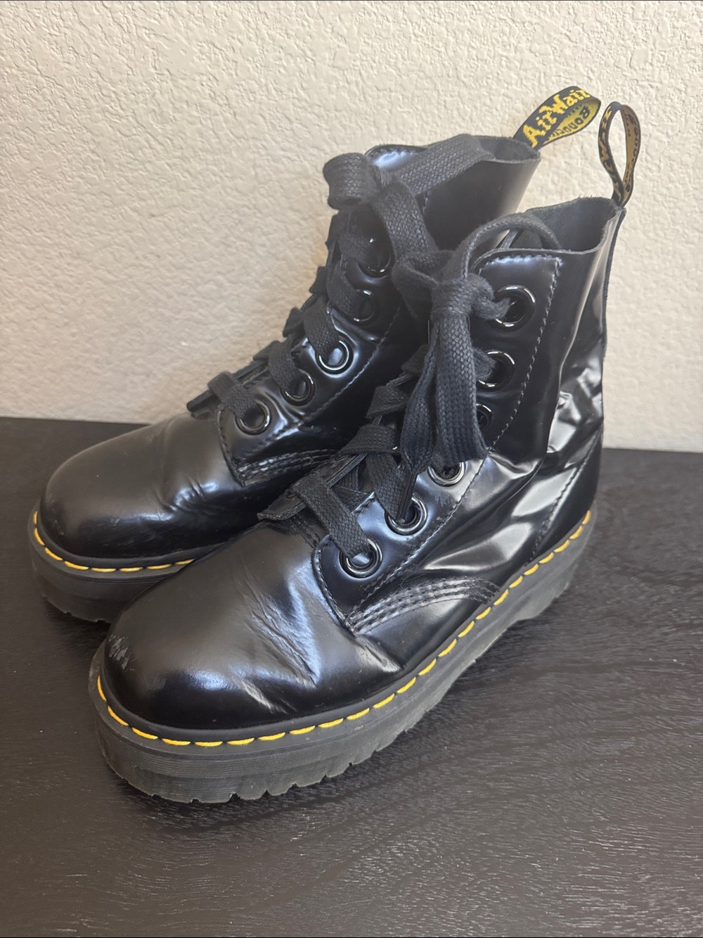 Dr. Martens Molly Black Glossy Platform Lace-Up Boots Size 9